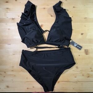 NWT Go Coco Swimsuit Black One Piece Large Cut Out Ruffle Padded Y2K TikTok